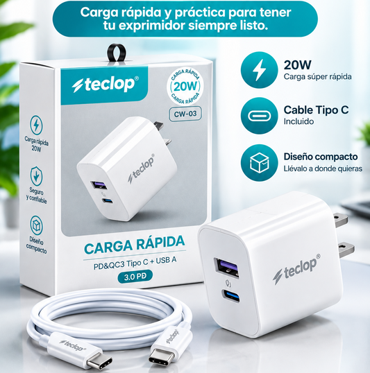 CARGADOR DE CARGA RÁPIDA 20W + CABLE TIPO C